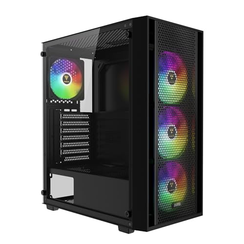 GAMDIAS PC-Gehäuse, ATX-Computergehäuse für Gaming, Mid-Tower, werkzeuglose Seite aus gehärtetem Glas, hohe Luftstrom-Mesh-Frontplatte, vorinstallierter 4 x 120 mm ARGB-Lüfter, Schwarz, AURA GC2 Elite von GAMDIAS