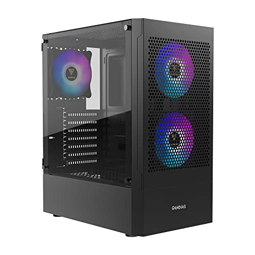 GAMDIAS Talos E3 Mesh Gaming PC-Gehäuse, Mid-Tower-ATX-Gehäuse mit seitlicher gehärteter Glasscheibe und einem magnetischen Staubfilter und 3 integrierten 120-mm-ARGB-Lüftern, werkzeuglose von GAMDIAS