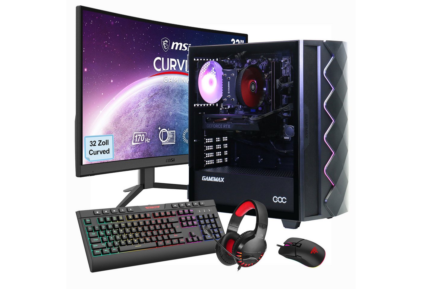 GAMEMAX MegaDeal Gaming-PC-Set Diamond BK PC-Komplettsystem (32", Intel® Core™ 5 14400F, GeForce RTX™ 4070, 32 GB RAM, 1000 GB SSD, Windows 11 + MSI G32C4 E2 Monitor Curved 80cm (32) von GAMEMAX