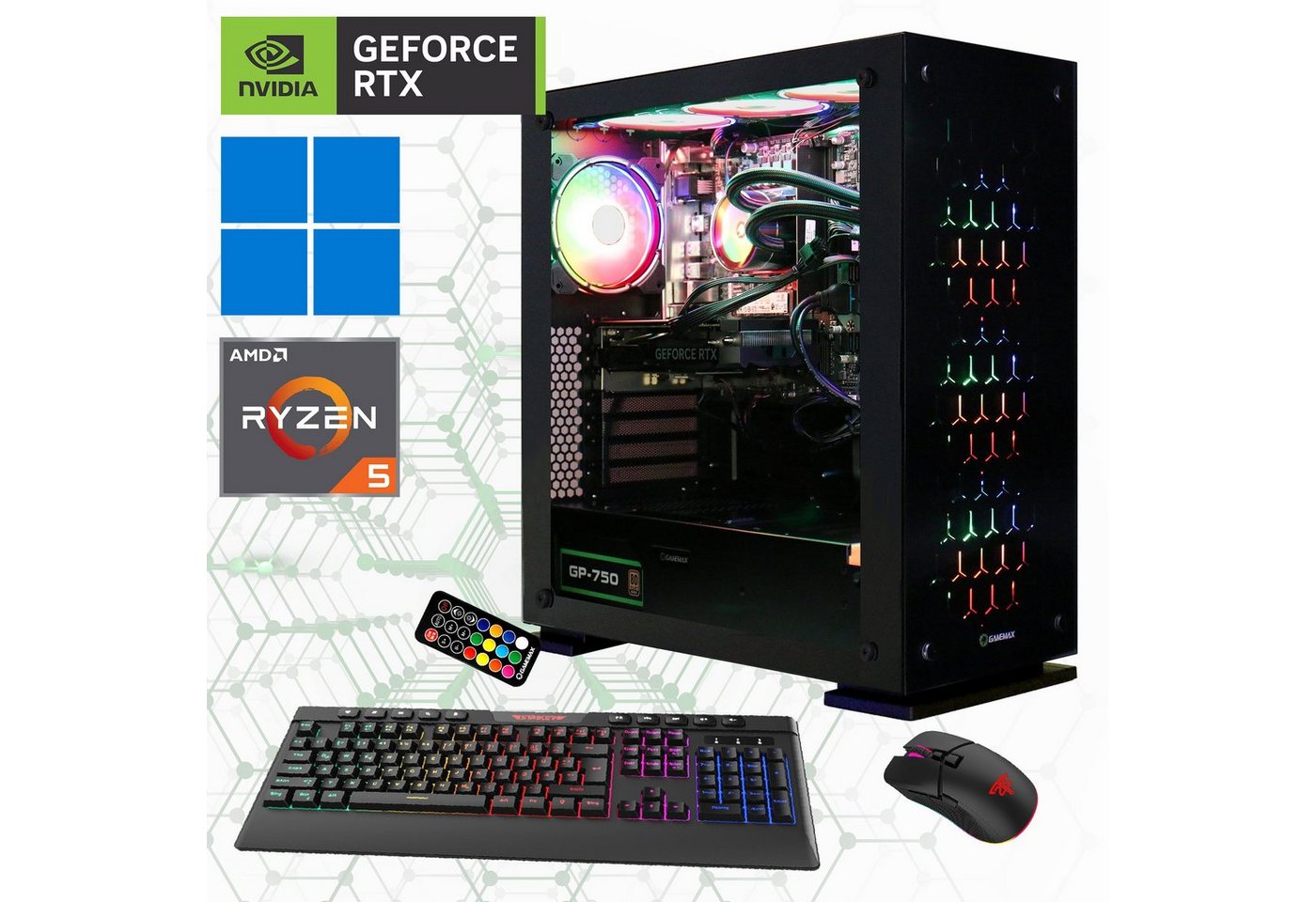 GAMEMAX Onyx II 7177 Gaming-PC (AMD Ryzen 5 5500, RTX 4060, 16 GB RAM, 1000 GB SSD, Wasserkühlung, Windows 11) von GAMEMAX