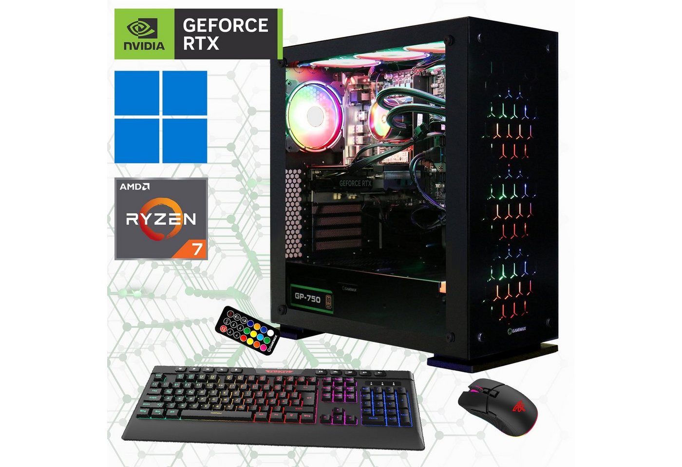 GAMEMAX Onyx II 7181 Gaming-PC (AMD Ryzen 7 7700X, RTX 4060Ti, 16 GB RAM, 1000 GB SSD, Wasserkühlung, DDR5, PCIe SSD Gen4, Windows 11) von GAMEMAX