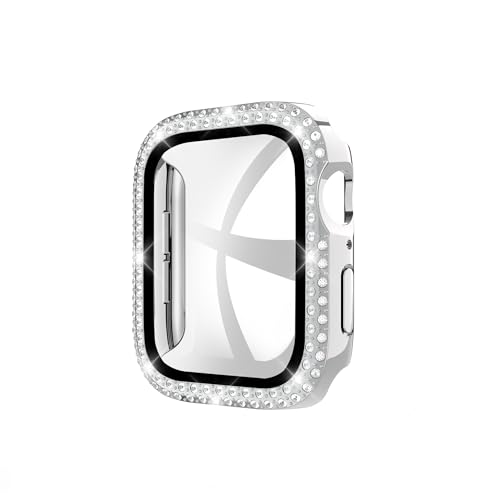 GANGANPRO 2 In 1 Design Harte PC Hülle mit Gehärtetem Glas Displayschutzfolie für Bling Apple Watch 1/2/3,Damen Glitzer-Diamant Smartwatch Abdeckung für iWatch 42 mm Zubehör – Silber von GANGANPRO