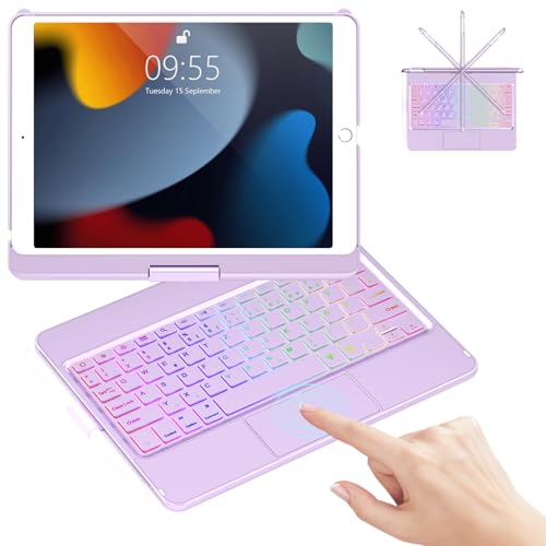 Tastatur Hülle für iPad 9/8/7 Generation 2021/2020/2019 10.2 Zoll, 360° Drehbare Touchpad Tastatur mit 7 Farbige Beleuchtung, Deutsches QWERTZ-Layout Bluetooth Tastatur mit Pencil Halter(Hellviolett) von GAOJIE