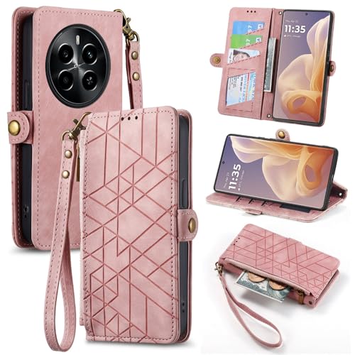 Modische Klappschutzhülle mit Kartenfächern, kompatibel mit Realme 13 Pro Realme13, Handy-Schutzhülle, Reißverschluss, Brieftaschenclip, Retro, einfarbig, Rosa (Realme 13) von GBWQPLJV