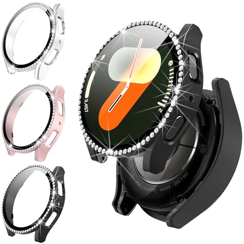 GCVSE 3 Stück Schutzhülle Kompatibel für Samsung Galaxy Watch 7 44mm, Glasschutz +PC 360° Rundum Schutzhülle - Ultradünne Anti Staub Anti Kratz, Mit Diamant (Schwarz, Rosengold, Durchsichtig) von GCVSE