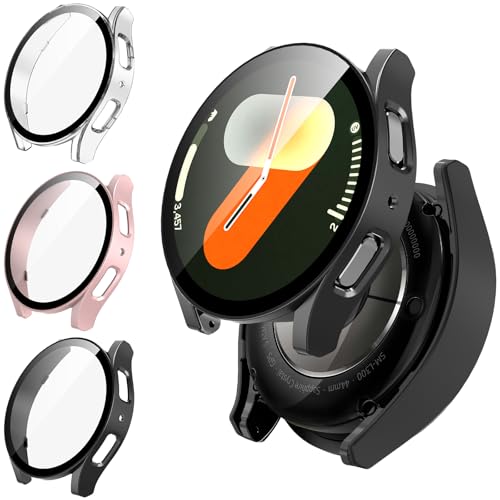 GCVSE 3 Stück Schutzhülle Kompatibel für Samsung Galaxy Watch 7 44mm, Glasschutz +PC 360° Rundum Schutzhülle - Ultradünne Anti Staub Anti Kratz Schutzhülle Zubehör (Schwarz, Rosengold, Durchsichtig) von GCVSE