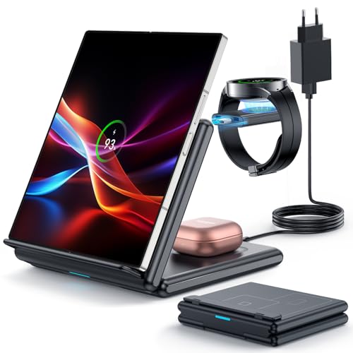 GEEKERA Induktive Ladestation Samsung, 3 in 1 Faltbare Wireless Charger für Samsung Z Fold/Flip/S24/S23/Ultra, Kabelloses Ladegerät für Galaxy Watch Ultra, Induktionsladegerät für Galaxy Buds-Schwarz von GEEKERA