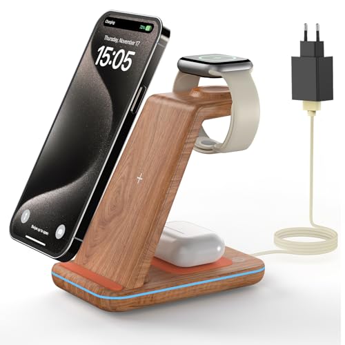 GEEKERA Wireless Charger, 3 in 1 Induktive Ladestation für iPhone 15/14/13/12/11/Pro Max/XS/XR/X/8, Ladestation für Apple Watch Ultra/9/8/6/5/4/3/2/SE, Kabelloses Ladegerät für AirPods Pro/3/2-Holz von GEEKERA