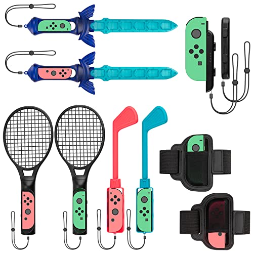 Geekria Sportzubehör-Bundle kompatibel mit Nintendo Switch Sportspielen 10-in-1 Kit mit Tennisschlägern, Schwertgriffen, Golfschlägern, Beinschlaufe, Komfortgriffhülle, Zubehör von GEEKRIA