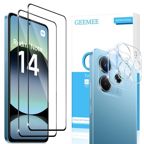 GEEMEE für Panzerglas für Xiaomi Redmi Note 14 4G Schutzfolie, 2 Stück Schutzglas + 2 Stück Kamera Schutzfolie, 9H Härte Glas Folie HD Klar Displayfolie Anti-Kratzen Displayschutzfolie von GEEMEE