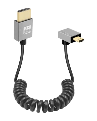 GELRHONR 4K Micro HDMI Spiral Kabel, Kurzes Micro HDMI Stecker zu HDMI Stecker Feder Flexibles Dünnes Kabel, Micro HDMI 90 Grad Kabel 18Gbps 3D 4K@60Hz, für Kamera Video Capture Karte (Up Angle) von GELRHONR