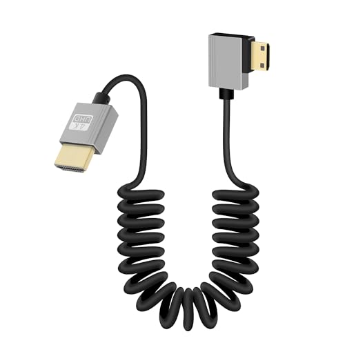 GELRHONR 4K Mini HDMI zu HDMI Spiralkabel, Ultradünnes Mini HDMI Kabel kurz, 18Gbps 3D 4K / 60Hz High Speed HDMI Federkabel, Unterstützung 3D, für DSLR Kamera Camcorder, HDTV, Laptop (Right Angle) von GELRHONR