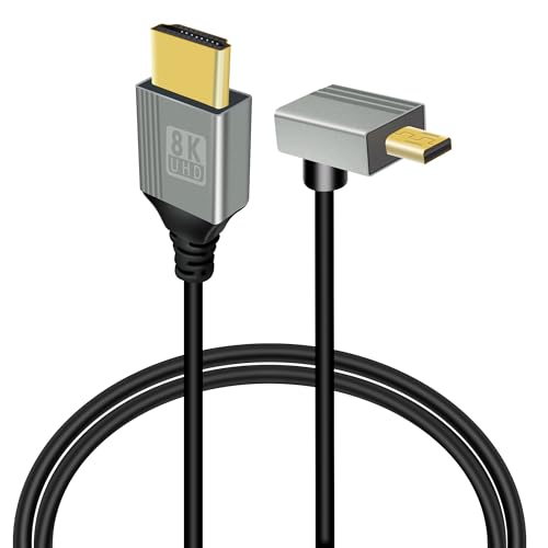 GELRHONR 90Grad Micro HDMI auf HDMI Kabel, 48Gbps Ultra High Speed Micro HDMI Stecker auf HDMI Stecker Adapterkabel Unterstützung 8K@60Hz, 4K@120Hz, für GoPro, kameras (1M Down Angle Micro HDMI) von GELRHONR