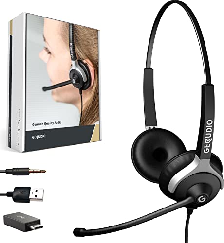 GEQUDIO [3in1 Business Headset mit USB-A, USB-C und 3,5mm Klinke kompatibel mit PC, Mac und Smartphone - Kopfhörer & Mikrofon Ersatz Polster - besonders leicht 80g (2-Ohr) von GEQUDIO
