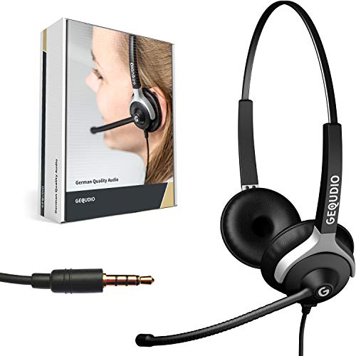 GEQUDIO Headset mit 3,5mm Klinke kompatibel mit FritzFon C6, X6, MacBook, Smartphone, Speedphone, Notebook, PC, Laptop - Kopfhörer & Mikrofon mit Ersatz Polster - leicht 80g (2-Ohr) von GEQUDIO