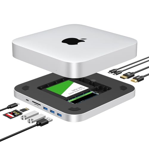 GEWOKLIY Mac Mini Dock, USB C Dockingstation mit Dual SSD Gehäuse, passend für 2,5 Zoll SATA HDD, NVMe M.2 SSD, Mac Mini Hub mit 4K HDMI & DisplayPort, USB A/C Port, TF/SD Kartenleser – für Mac Mini von GEWOKLIY