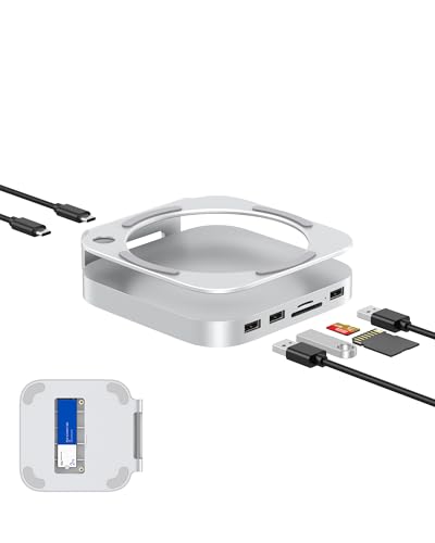 GEWOKLIY Mac Mini M4 Hub, Aluminium Mac Mini Dock und Ständer für Mac Mini M4 und M4 Pro 2024 mit M.2 NVMe SSD-Gehäuse, Dual-USB-A 10 Gbit/s, SD/TF-Kartenleser, USB 2.0 │ Mac Mini-Zubehör von GEWOKLIY