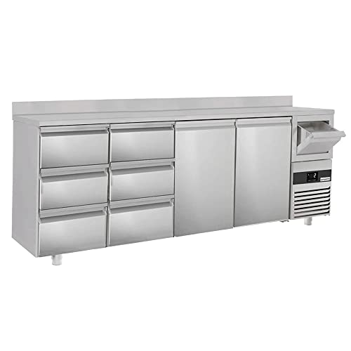 GGM Gastro | BGKF266DN#2#SBGKF13 | Bar- & Getränkekühltisch PREMIUM - 2690x600mm - 2 Türen, 6 Schubladen, Aufkantung & Ausklopfer für Kaffee von GGM Gastro