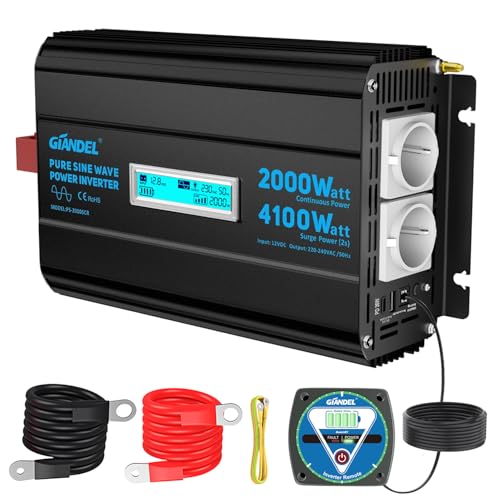 GIANDEL 2000W Reiner Sinus Wechselrichter 12V auf 230V Spannungswandler mit Einstellbar Unterspannungsabschaltung Power Inverter mit Fernbedienung und USB-C PD 36W und USB-A für Wohnmobil Camping von GIANDEL