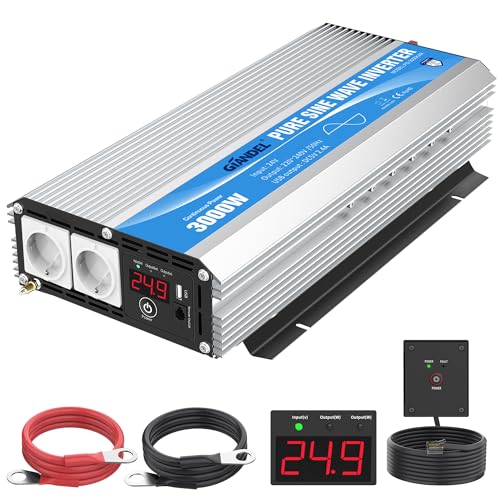 Wechselrichter 24V auf 230V Reiner Sinus 3000W Spannungswandler Umwandler-Inverter Konverter mit Fernbedienung LED-Anzeige 2 EU-Steckdosen & 2.4A USB-Anschluss für Wohnmobil-LKW GIANDEL von GIANDEL