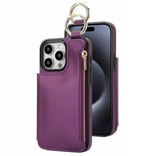 GIGBIRD-Lederhülle für iPhone 16/16 Plus/16 Pro/16 Pro Max, Brieftasche, RFID-blockierend, mit Metallschlaufe, Fallschutz, schlanke Hülle, 16, Violett von GIGBIRD