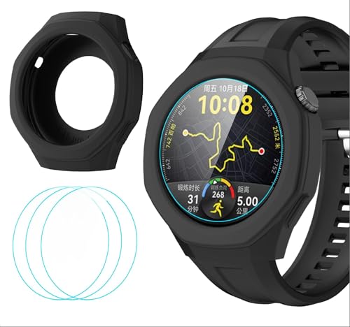 GIOPUEY Hülle Kompatibel mit Huawei Watch GT 5 Pro 46mm, Schutzhülle mit 3 Stück Schutzfolie, Weich TPU Silikon Schutz Case Cover - Black von GIOPUEY