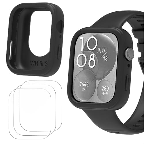 GIOPUEY Silikon Hülle Kompatibel mit Huawei Watch Fit 3, mit 3 Stück Schutzfolie, Weich TPU Silikon Schutz Case Cover, Huawei Watch Fit 3 Schutzhülle - Black von GIOPUEY