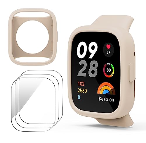 GIOPUEY Silikon Hülle Kompatibel mit Redmi Watch 3 Active, mit 3 Stück Schutzfolie, Weich TPU Silikon Schutz Case Cover, Redmi Watch 3 Active Schutzhülle - Beige von GIOPUEY