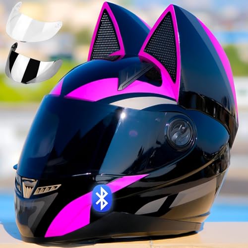 Motorradhelm Mit Katzenohren, Integralhelm Für Motorradfahrer, Cooler Süßer Katzenhelm, ECE-Geprüft, Mit Lautsprechern Und Mikrofon Für Alle Jahreszeiten, Abnehmbare Katzenohren 1,XL=61-62 von GJCKOPIUFA