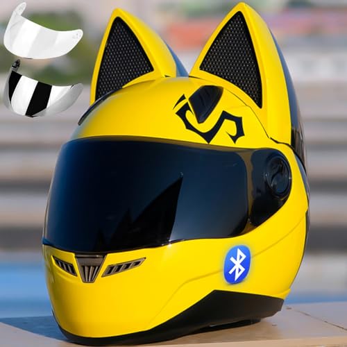 Motorradhelm Mit Katzenohren, Integralhelm Für Motorradfahrer, Cooler Süßer Katzenhelm, ECE-Geprüft, Mit Lautsprechern Und Mikrofon Für Alle Jahreszeiten, Abnehmbare Katzenohren 2,M=57-58 von GJCKOPIUFA