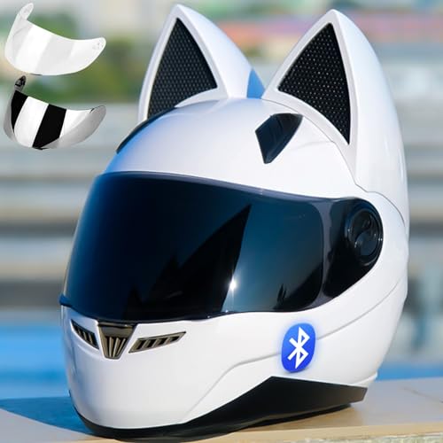 Motorradhelm Mit Katzenohren, Integralhelm Für Motorradfahrer, Cooler Süßer Katzenhelm, ECE-Geprüft, Mit Lautsprechern Und Mikrofon Für Alle Jahreszeiten, Abnehmbare Katzenohren 5,L=59-60 von GJCKOPIUFA