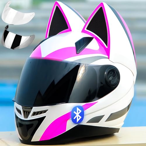 Motorradhelm Mit Katzenohren, Integralhelm Für Motorradfahrer, Cooler Süßer Katzenhelm, ECE-Geprüft, Mit Lautsprechern Und Mikrofon Für Alle Jahreszeiten, Abnehmbare Katzenohren 9,XL=61-62 von GJCKOPIUFA