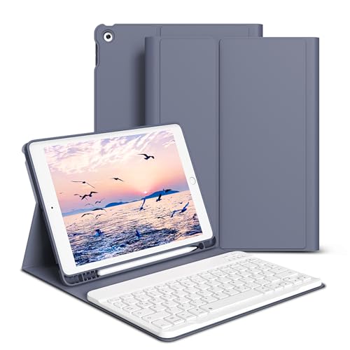 GKABXY hülle mit Tastatur für iPad 9/8/7 Generation (2021/2020/2019) 10,2 Zoll, weiche TPU-Rückseite mit Stifthalter, QWERTZ Layout, magnetische abnehmbare Bluetooth Tastatur, Violett von GKABXY