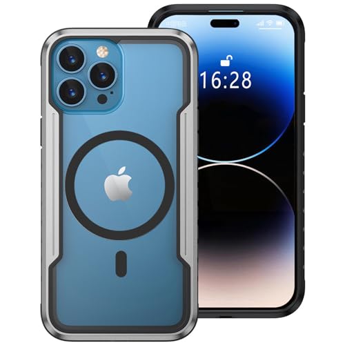 Schutzhülle für iPhone 15/15 Plus/15 Pro/15 Pro Max, kompatibel mit Magsafe magnetischem Ladegerät, Metall, Aluminium + flexiblem TPU-Rahmen, vergilbungsfrei, transparente Rückseite aus Polycarbonat, von GKDLHGO