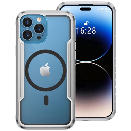 Schutzhülle für iPhone 15/15 Plus/15 Pro/15 Pro Max, kompatibel mit Magsafe magnetischem Ladegerät, Metall Aluminium + flexiblem TPU-Rahmen, Anti-Vergilbung, transparente Rückseite aus Polycarbonat, von GKDLHGO