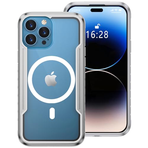 Schutzhülle für iPhone 15/15 Plus/15 Pro/15 Pro Max, kompatibel mit Magsafe magnetischem Ladegerät, Metall Aluminium + flexiblem TPU-Rahmen, Anti-Vergilbung, transparente Rückseite aus Polycarbonat, von GKDLHGO