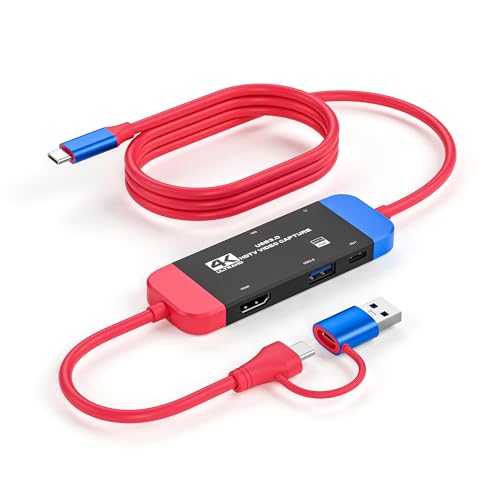 Capture Karte USB C auf USB-A/C 4K Video Capture Karte USB 3.0, unterstützt 100W Schnellladung, Video Aufnahme für Gaming, Streaming, Aufnahme, kompatibel mit Switch, Steam Deck, iPad von GKEAPZA