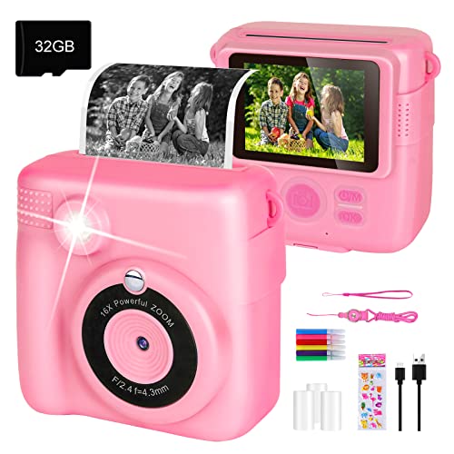 Kinderkamera Sofortbildkamera, Sofortbildkamera Kinder mit 32G TF Karte und Fotopapier Drucken, Geburtstag Geschenk für Mädchen im Alter von 4 5 6 7 8 9 10 Jahren (Quadrat, Rosa) von GKTZ