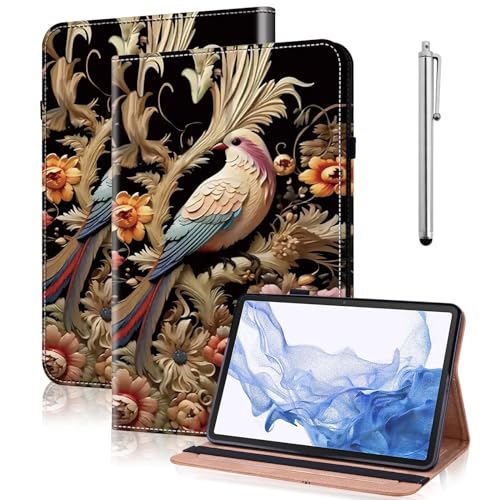 GLANDOTU Hülle für Samsung Galaxy Tab A9 2023 (SM-X110/X115) 8,7 Zoll Schutzhülle,Flip Leder Schutzhülle Tab A9 mit Stifthalter und Stand Wallet Cover Case für Galaxy Tab A9 - Vintage Blume Vogel von GLANDOTU