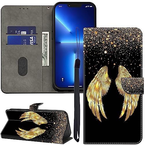 GLANDOTU Lederhülle für Huawei P Smart 2021 Hülle, Kartensteckplätzen Muster Flip Motive Wallet Handyhülle Tasche Case Schutzhülle Kompatibel mit Huawei P Smart 2021 Hülle - Goldene Flügel von GLANDOTU