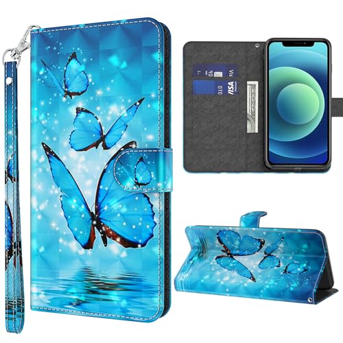 GLANDOTU Lederhülle für Samsung Galaxy S24 Hülle, Kartensteckplätzen Muster Flip Motive Wallet Handyhülle Tasche Case Schutzhülle Kompatibel mit Samsung S24 Hülle - Blauer Schmetterling von GLANDOTU