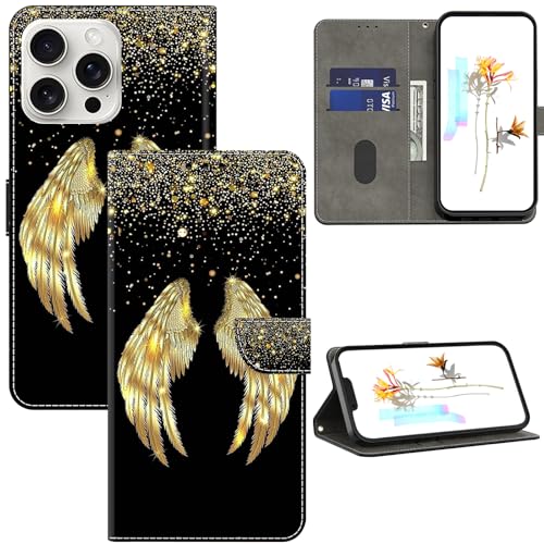 GLANDOTU Lederhülle für iPhone 16 Pro Hülle, Kartensteckplätzen Muster Flip Wallet Handyhülle Kompatibel mit iPhone 16 Pro Hülle, Goldene Flügel von GLANDOTU