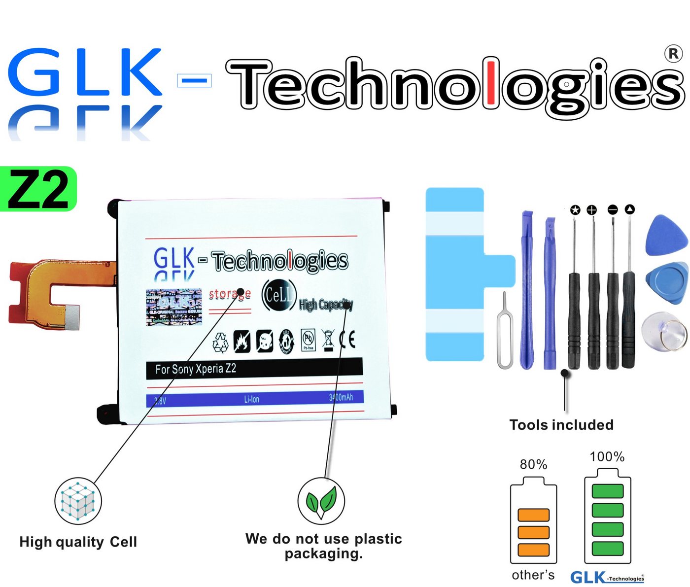GLK-Technologies High Power Akku kompatibel mit Sony Ericsson Xperia Z2 L50W LIS1543ERPC, Original GLK-Technologies® 3400 mAh Reparaturset/Werkzeug Set Smartphone-Akku 3400 mAh (3.8 V) von GLK-Technologies