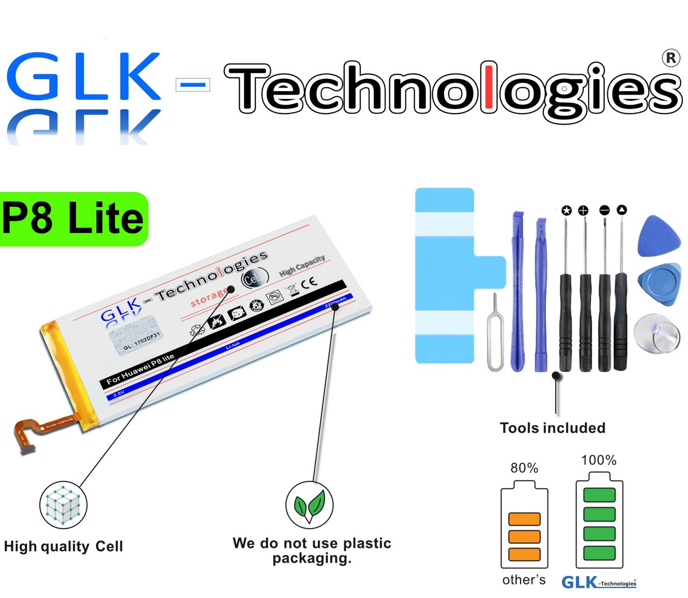 GLK-Technologies High Power Ersatzakku kompatibel mit Huawei P8 Lite HB3742A0EZC, Original GLK-Technologies Battery, accu, 2200 mAh Akku, inkl. Werkzeug Set Kit Smartphone-Akku 2200 mAh (3.8 V) von GLK-Technologies