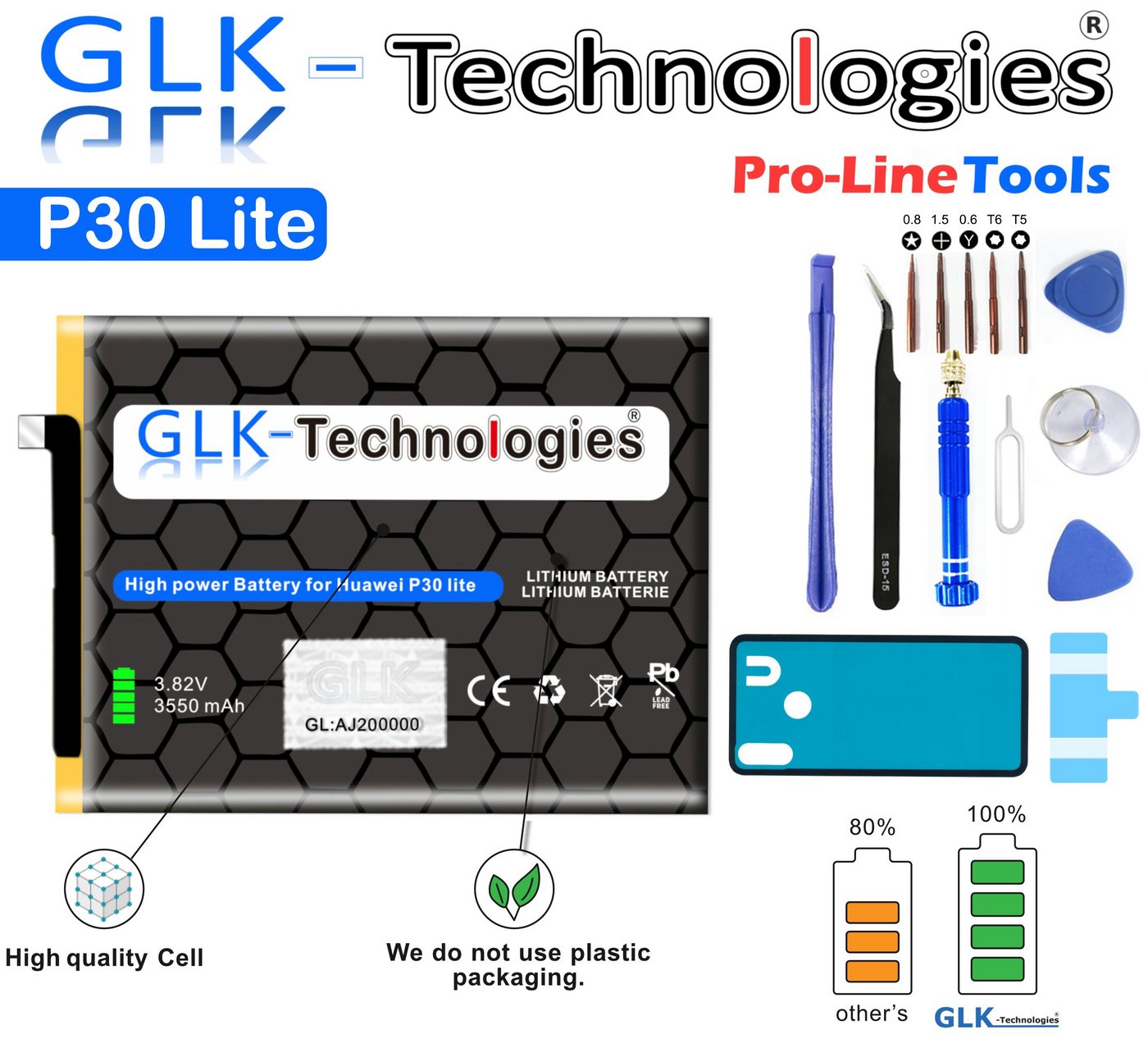 GLK-Technologies igh Power Ersatzakku kompatibel mit Huawei P30 lite, GLK-Technologies Battery, accu, 3550mAh Akku, inkl. Profi Werkzeug Set Kit NUE Handy-Akku 3550 mAh (3.8 V) von GLK-Technologies