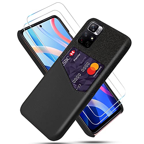 GMUJIAO Hülle für Xiaomi Poco M4 Pro 5G,Wallet Handytasche,Handyhülle mit Kartenfach,Handy Kartenhalter mit 2 Schutzfolie Panzerglas [Ultradünn]-Schwarz von GMUJIAO