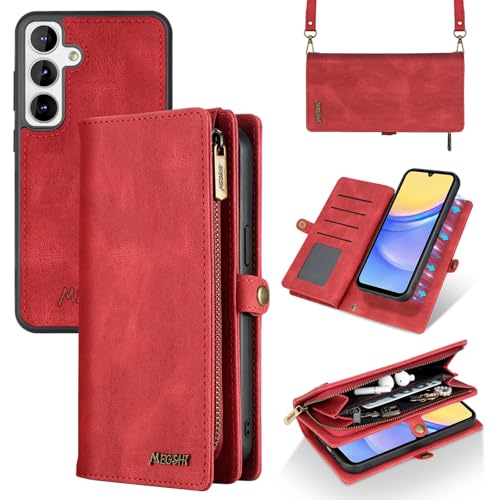 GODZOEN Schutzhülle für Samsung Galaxy A15, modische Lederhülle, Handtaschen-Schutzhülle, stilvoller Crossbody-Schutz mit Kartenfächern und rutschfestem Design, Rot von GODZOEN