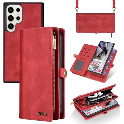 GODZOEN Schutzhülle für Samsung Galaxy S24 Ultra, modische Lederhülle, Brieftaschen-Handtaschen-Handyhülle, stilvoller Crossbody-Schutz mit Kartenfächern und rutschfestem Design, Rot von GODZOEN