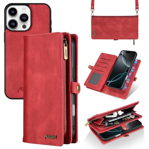 GODZOEN Schutzhülle für iPhone 16 Pro Max, modische Lederhülle, Handtaschen-Schutzhülle, stilvoller Crossbody-Schutz mit Kartenfächern und rutschfestem Design, Rot von GODZOEN