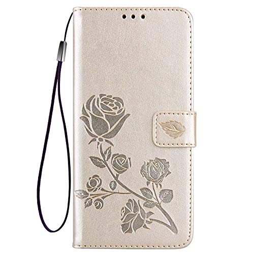 GOGME Hülle für Huawei Honor Magic 7 / Magic7, 3D Rose Geprägte Prägung Handyhülle Flip Case, Premium Leder Schutzhülle mit Kartenfach Standfunktion. Gold von GOGME